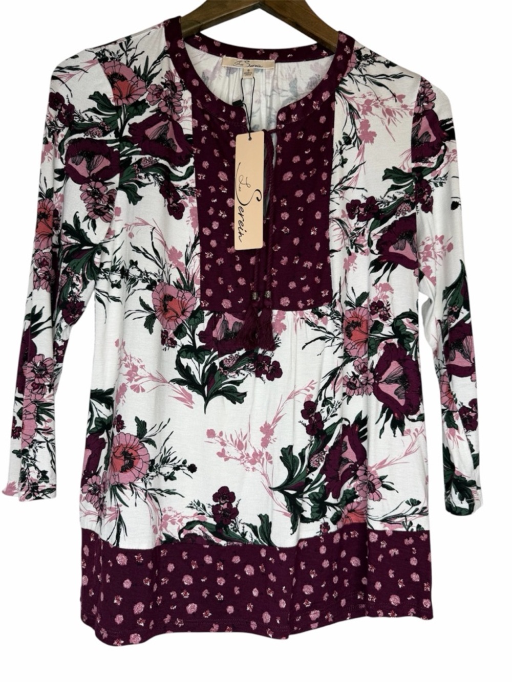 Stitch Fix Les Serein Gabriela Split Neck Knit Top size Small Floral Peasant